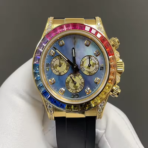 2025 montre mécanique de luxe haut de gamme pour hommes avec lunette en diamant arc-en-ciel et cadran chronographe en nacre - Product Image 1