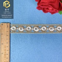 LEIXUSI 2,5 cm Nouvelle dentelle ethnique brodée de sequins, base en maille vintage avec fil torsadé doré pour accessoires vestimentaires