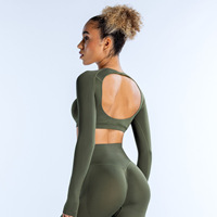 Ensemble de vêtements de yoga pour femmes, haut court à col rond et taille haute, veste de fitness à dos ajouré, manches longues, couleur unie