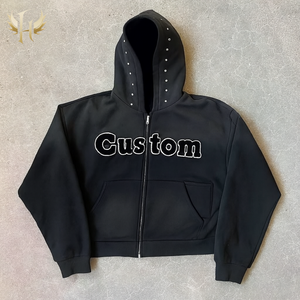 커스텀 후디 500GSM 프렌치 테리 오버사이즈 박시 핏 셔닐 자수 선 페이드드 애시드 워시드 크롭 라인스톤 후드 후디 - Product Image 3