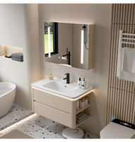 Meuble-lavabo mural flottant style crème, étanche, avec armoire de salle de bain à miroir LED intelligent et éclairage d'ambiance