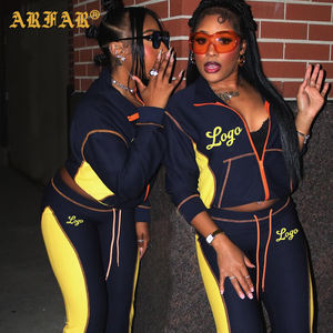 高个子女孩友好休息室2件套定制长袖运动服喇叭裤和拉链华夫饼针织色块女装套装 - Product Image 1