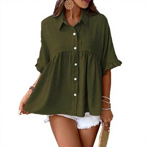 Chemise boutonnée en lin vert olive pour femme, manches courtes, col rabattu, coupe ample, haut décontracté, couleur unie, printemps-été - Product Image 3