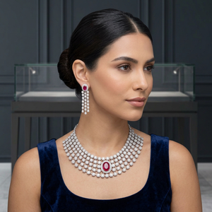 Elegant Brass <b>Silver</b> Plated CZ Cubic Zirconia <b>Choker</b> Necklace Dangle Earring Bridal Jewelry Set With Ruby Red Center Gem - Product Image 1