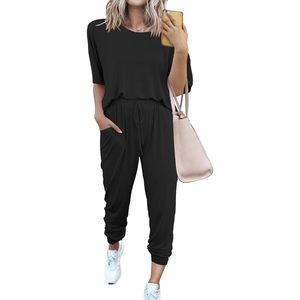 Women's Two Piece Lounge <b>Set</b> Short Sleeve <b>Knitted</b> Jogger Pants Casual Spring Summer Breathable Vacation Travel Outfits - Product Image 1
