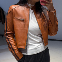 Veste de motard slim pour femme en cuir d'agneau véritable, col montant, coupe courte, style décontracté