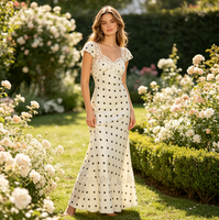Robe midi vintage à pois en dentelle pour femme, coupe trapèze, manches courtes, col en V, tricotée, taille haute, pour soirée, personnalisable OEM – Meilleures ventes