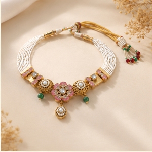 925 <b>Silver</b> Floral Kundan <b>Necklace</b> <b>Set</b> Traditional Indian Bridal Jewelry Handmade Pearl Beaded Choker Earrings <b>Set</b> for Women - Product Image 3