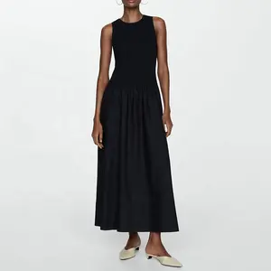 Винтажное Черное длинное платье из льна без рукавов с круглым вырезом и хлопковой смесью, летнее элегантное высококачественное платье макси для женщин