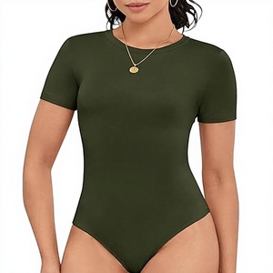 Combinaison pour femme à manches courtes, col rond, couleur unie, extensible, vêtements de sport, coupe ajustée, toutes saisons, tricot en spandex et coton - Product Image 1