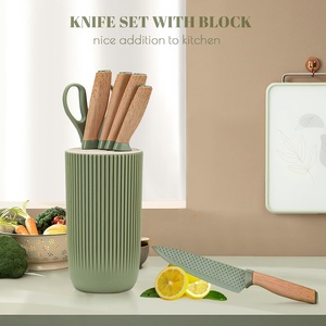 Couteau de cuisine Cuchillos en acier inoxydable avec manche en bois, ensemble de couteaux de chef avec support en plastique - Product Image 3