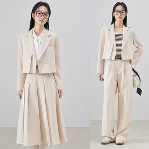 Women's Beige Suit Set Long Skirt And <b>Pants</b> Anti-Wrinkle Formal <b>Work</b> Wear For Daily Commute - Product Image 4