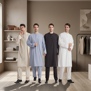 Islamic <b>Men</b> <b>Thobe</b> Set Round Neck Long Sleeve and Pants Solid Muslim Robe Suit Breathable Polyester - Product Image 4