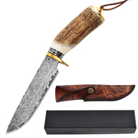 Präzisions gefertigtes hand gefertigtes Damaskus-Stahl-Bowie messer mit Hirschgeweih griff und feiner Ledersc heide Outdoor-Messer Großhandel