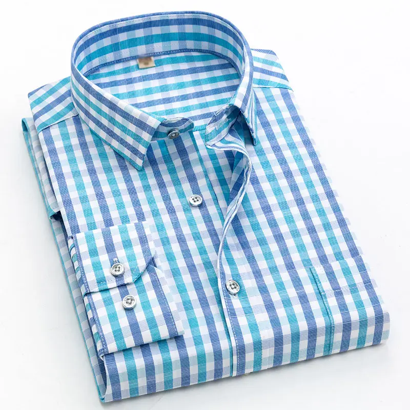 High Quality Casual Fashion Mens Dress Shirts 100% Cotton Plaid Office Work Formal Shirts For Men
