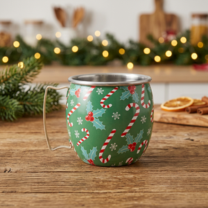 Vaso de acero inoxidable con asa, diseño navideño de bastón de caramelo verde, aislamiento térmico para fiestas - Product Image 3