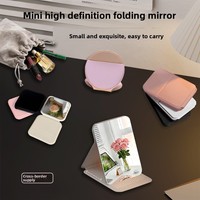 Cermin Lipat Mini Bulat Portabel Grosir, Cermin Kosmetik Saku Lipat Kulit PU Definisi Tinggi untuk Rias Wajah