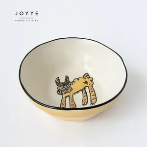 Joyye 무료 샘플 도매 손으로 그린 공예 세라믹 석기 그릇 노란색 귀여운 동물 세라믹 저녁 식사 그릇