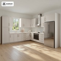 Meuble de cuisine laqué style Shaker, porte encadrée, aménagement en L, dimensions personnalisées, rangement par tiroirs et boîtes de rangement en contreplaqué