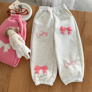 Tongxingyuan Girls Fleece Sweatpants Pink Heather Gray Bow Lucky Embroidery Autumn Winter Casual Pants - Product Image 3