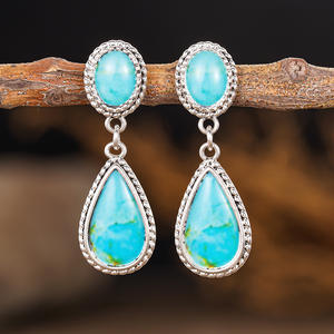 Orecchini Pendenti Vintage in Argento Tibetano con Turchese, Gioielli da Festa per Donna con Incastonatura a Goccia, Placcati in Argento Anticato - Product Image 6