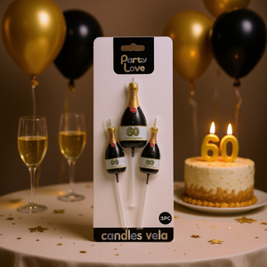 Bougies d'anniversaire Party Love en forme de bouteille de champagne, lot de 3 pièces pour 60e anniversaire - Product Image 1