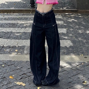 Pantalones vaqueros azules de mezclilla de estilo Retro para mujer, pierna ancha, ajuste holgado alto-bajo, sólido, informal, transpirable, lavado, técnicas simples para cintura de otoño - Product Image 3