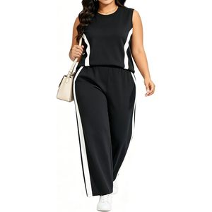 FOXA Women's Plus Size 2 Piece Outfit Sleeveless Tank Top Wide Leg Pants Side Stripe Summer Casual Lounge <b>Set</b> - Product Image 1