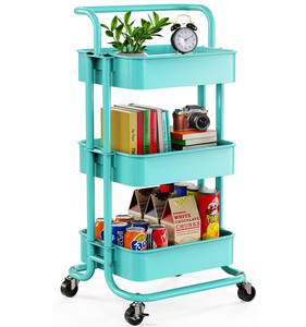 White Foldable Kitchen Bathroom Living Room 3-Tier Metal <b>Rolling</b> Storage Utility <b>Cart</b> with Wheels & Hanging Cups & Hooks - Product Image 4