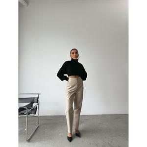 Pantalones de Pierna Ancha de Cuero, Cintura Alta, Color Piedra, Antiarrugas, Tela de PU, Pantalones para Mujer - Product Image 4