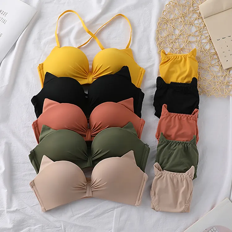 Conjunto de lingerie e calcinha para as costas, sutiã respirável e orelhas de gato, de uma peça