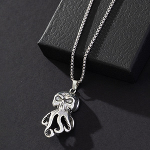 Collier pendentif Octopus pour homme, style Hip Hop, en argent tibétain, forme animal, chaîne de pull, style coréen, tendance, motif visage de fantôme marin - Product Image 4