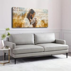 Toile personnalisée vintage Jésus et Agneau, art mural, impression religieuse chrétienne à la demande, sans taxe, décoration de la maison avec cadre en bois - Product Image 6