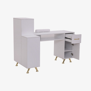 Modern White Nail Desk Table for Salons Wood Furniture with Gold-<b>locked</b> Hand Rest Dust Collector & Stylish Manicure Design - Product Image 4