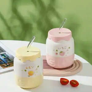 Zogifts Copos de porcelana de alto valor com canudo de desenho animado, xícara de chá e leite de cerâmica