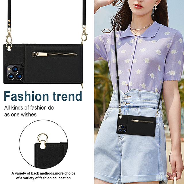 Pebble Customized Ladies Crossbody Pu Leather Mobile Phone Case With Shoulder Strap Wallet Card Slot for Iphone 12 13 14 Cases