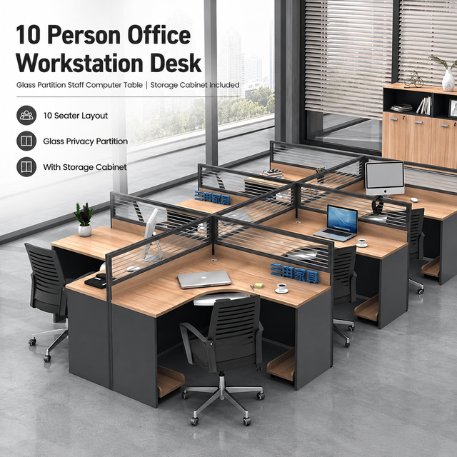 Modern 10 Person Office Workstation Modular Staff Desk with Glass Partition Storage Cabinet Ten Seater Computer Office Table