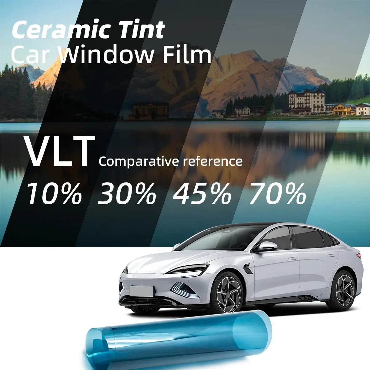 ฟิล์มหน้าต่างรถยนต์ HD ฉนวนกันความร้อนสูง สีหน้าต่างรถยนต์ สีเซรามิค HP-70 สีฟ้า PET Fasion นาโนเซรามิค 3 H 10 ปี