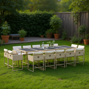 Ensemble de salle à manger de jardin en rotin beige, 14 pièces, mobilier d'extérieur contemporain, résistant aux intempéries - Product Image 2