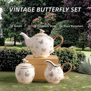 Service à café classique en porcelaine écologique avec motif papillon en relief, comprenant tasses, soucoupes et pot - Product Image 2