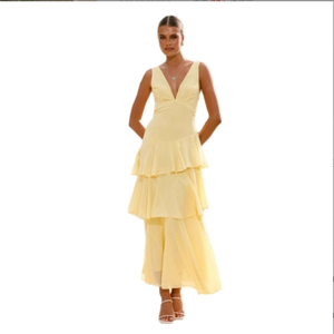 Nouvelle robe décontractée de fête élégante sans manches à col en V, robe longue à jupe en forme de gâteau de couleur unie pour femmes - Product Image 6