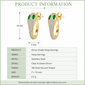 Pendientes de Aro con Serpiente de Circonio, Acero Inoxidable, Chapado al Vacío en Oro de 14K, Joyería con Serpiente de Ojo Verde - Product Image 4