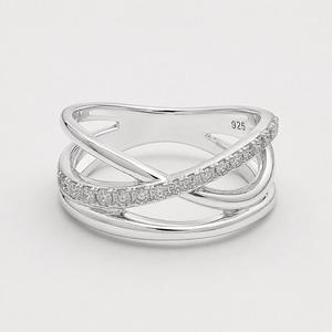 White Topaz 925 Sterling <b>Silver</b> <b>Ring</b> - Crossover Wave Band with Pave CZ Row - Product Image 6