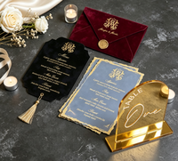 Invitaciones de Boda de Lujo en Papel Texturizado Acrílico Negro y Dorado, Menú, Cinta para Mesa, Sello de Cera, Impresión Personalizada con Lámina Dorada