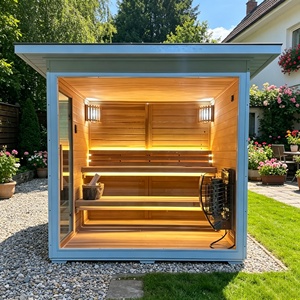Moderna Cabina de Sauna de Madera para Exteriores con Calefacción Eléctrica, Diseño de Madera Sólida, Estilo Escandinavo con Puerta de Vidrio y Taburete de Madera - Product Image 1
