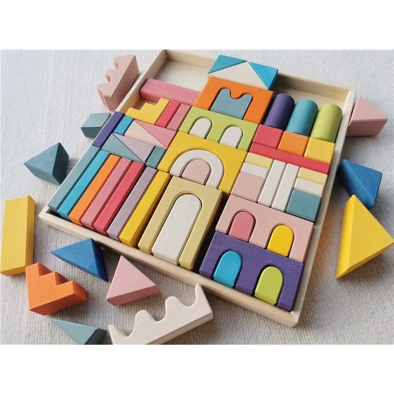 Conjunto de construção de madeira arco-íris, empilhamento sk, castelo, blocos pastel, construção, brinquedos para crianças, educativo, jogo