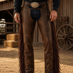 FAZMAX Chaps Vaqueros de Cuero Genuino para Hombre, de Talle Alto y Ajuste Regular con Flecos y Cierre de Hebilla para Montar, Empaque Personalizado - Product Image 1