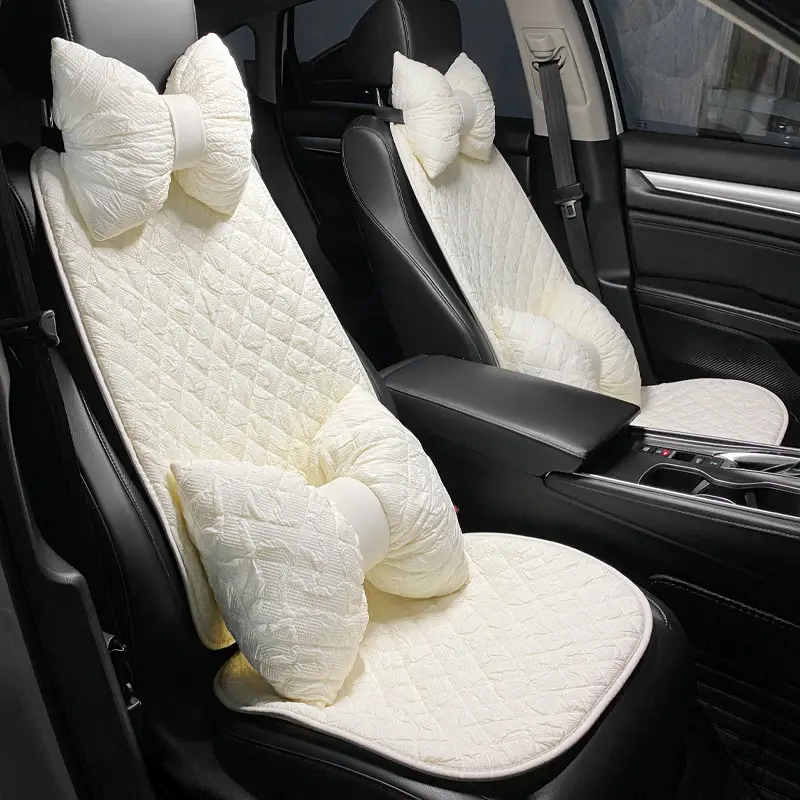 Luxury Car Cushion Seat Cover White Lace Bubble Women's Auto Luxury Interior Cover Bow Tie Headrest Waist Pillow Seat Belt Cover