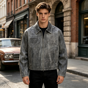 Giacca Bomber OEM da <span class=keywords><strong>Uomo</strong></span> in Ecopelle Lavata Vintage, Stile Workwear e Streetwear, con Zip, per l'Autunno - Product Image 2