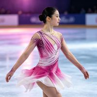 Costume de patinage artistique à manches longues pour enfants et adultes, robe en maille dégradée rose et blanc avec strass pour spectacle sur glace et compétition